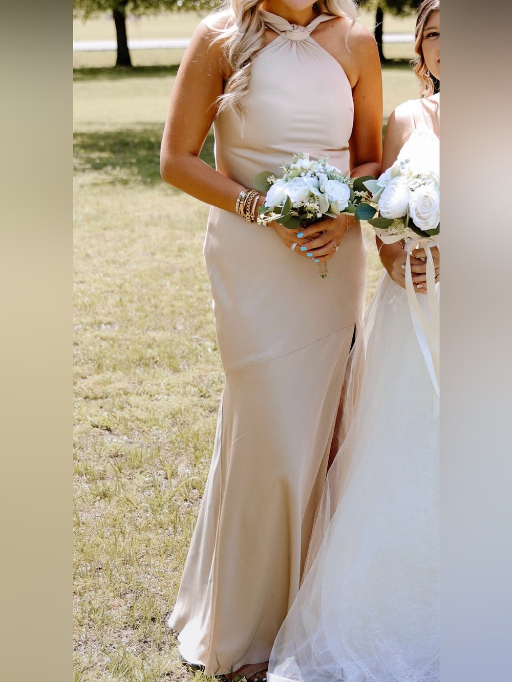 Azazie Champagne Satin Formal Dress